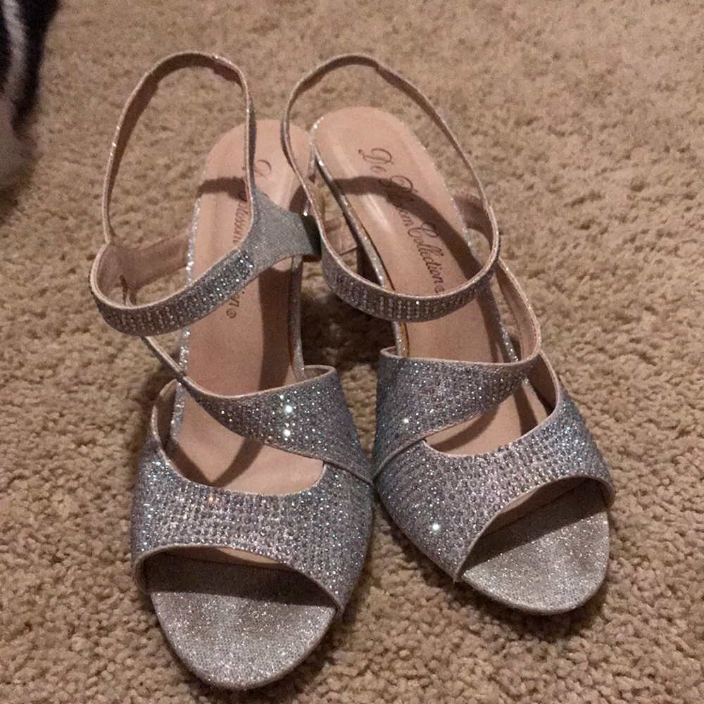 3ish inch sparkly silver heels
